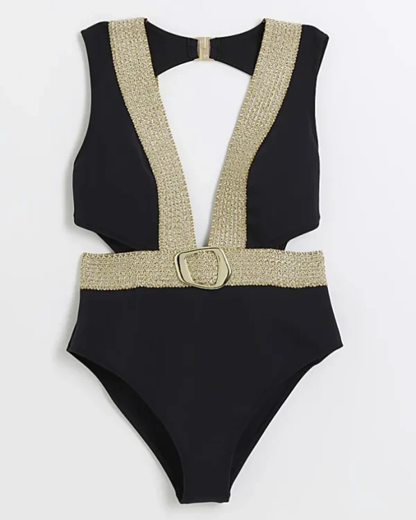 Black buckle plunge swimsuit