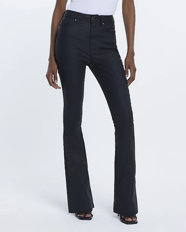 Black coated high waisted flared jeans