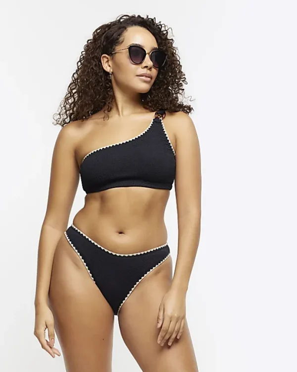 Black crinkle stitched brief bikini bottoms