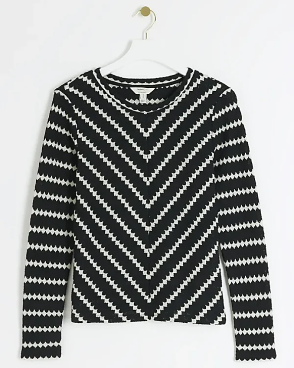 Black crochet stripe long sleeve top