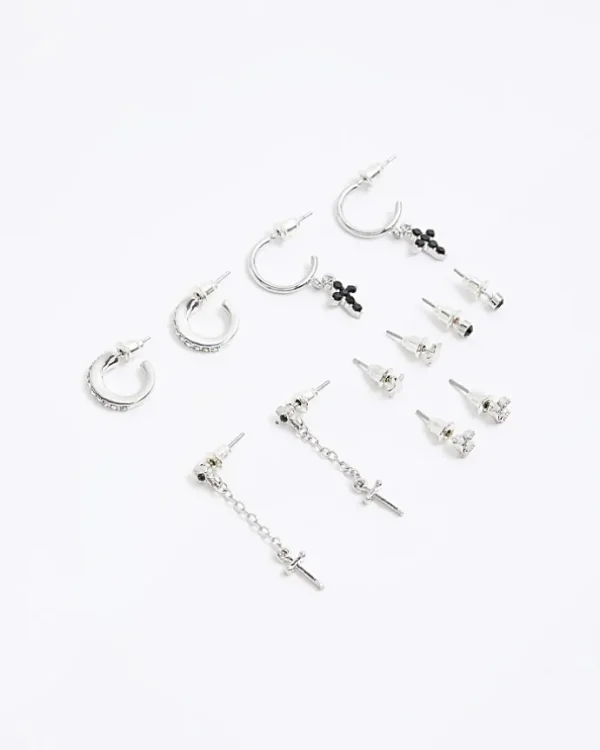 Black cross stud and hoop earrings multipack