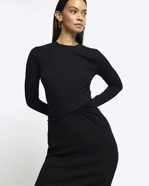 Black drape front bodycon midi dress