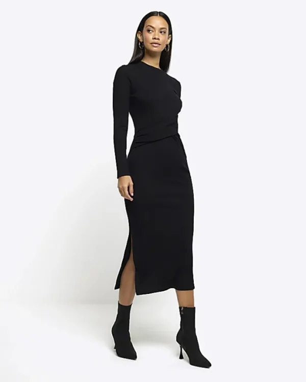 Black drape front bodycon midi dress