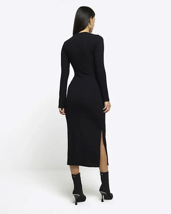 Black drape front bodycon midi dress