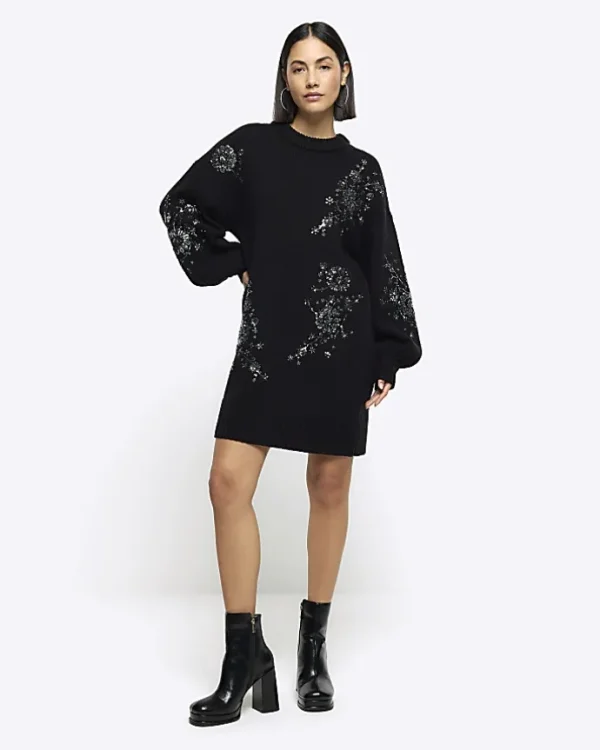 Black embellished jumper mini dress