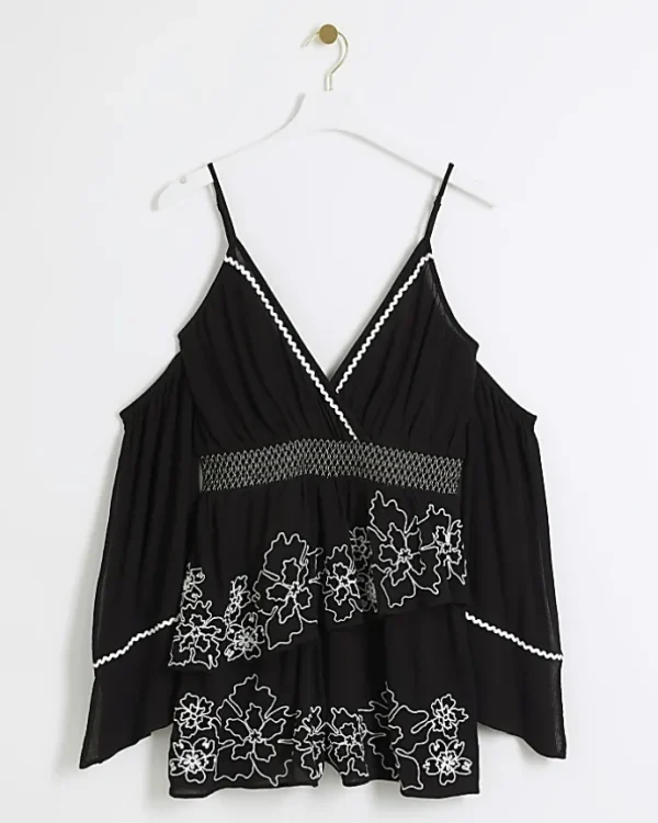 Black embroidered cold shoulder playsuit