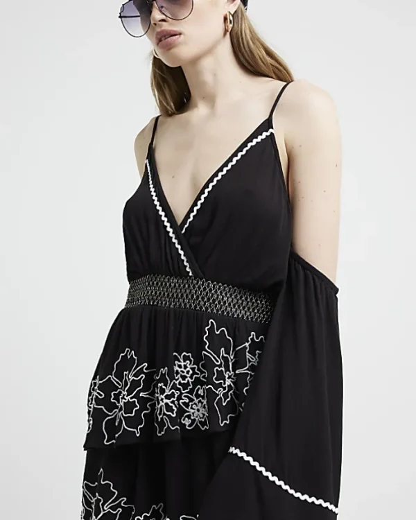 Black embroidered cold shoulder playsuit