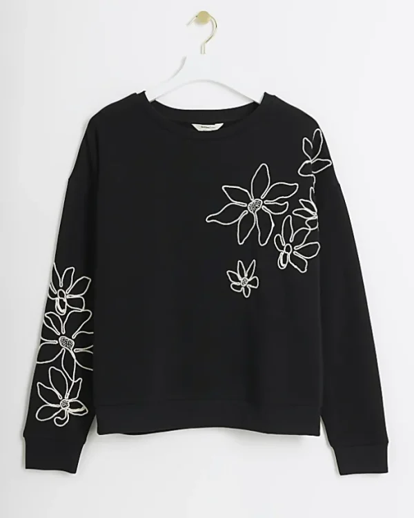 Black embroidered floral sweatshirt