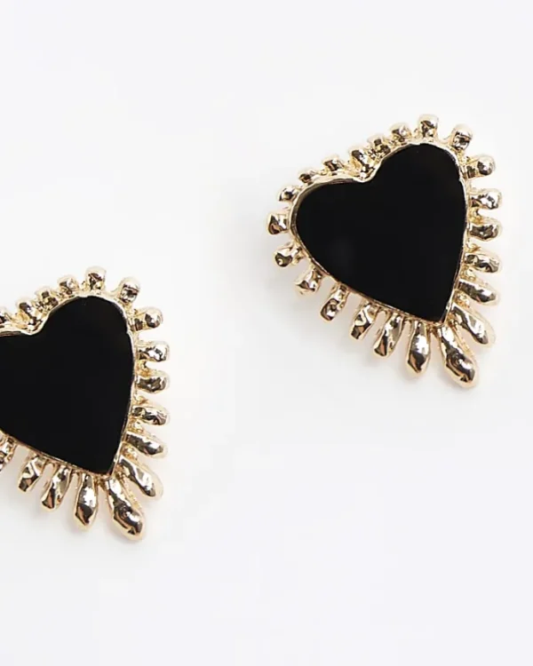 Black Enamel Heart Stud Earrings