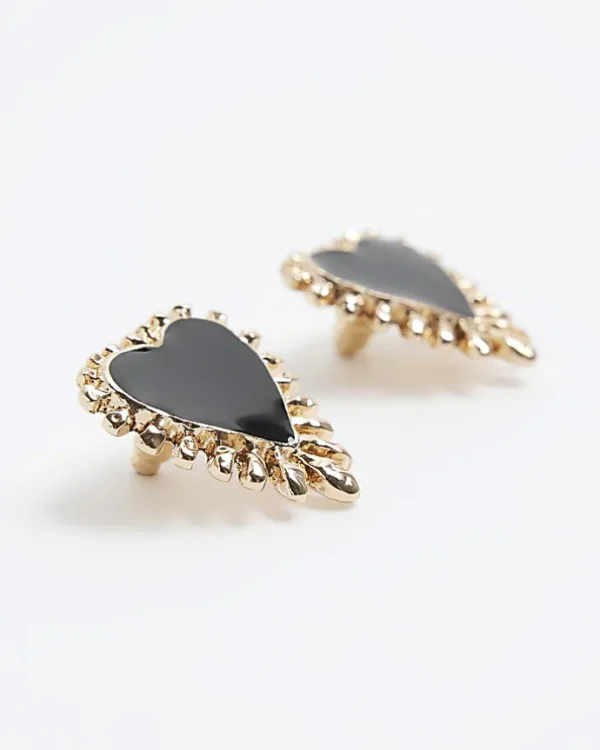 Black Enamel Heart Stud Earrings