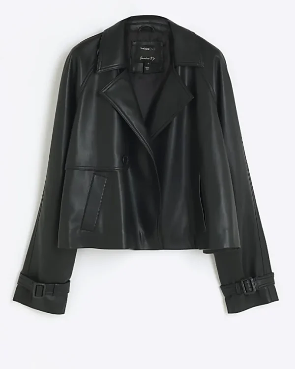 Black faux leather crop trench coat