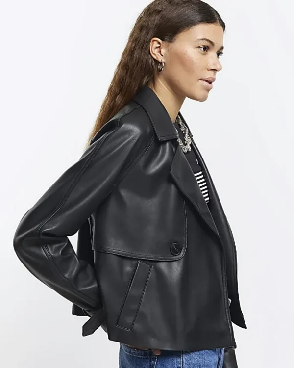 Black faux leather crop trench coat