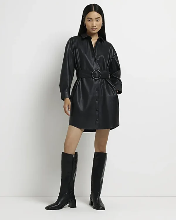 Black faux leather mini shirt dress