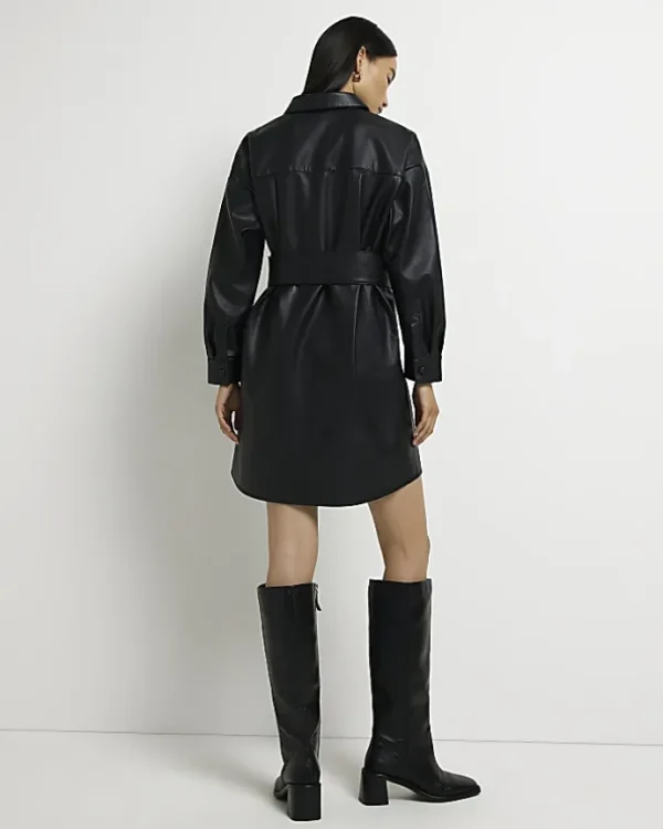 Black faux leather mini shirt dress