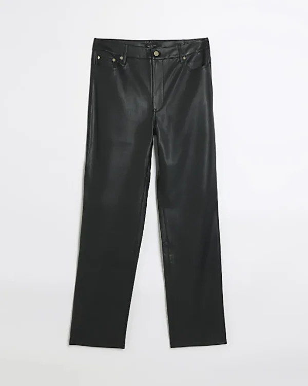 Black faux leather straight trousers