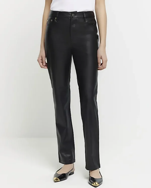 Black faux leather straight trousers