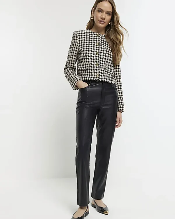 Black faux leather straight trousers