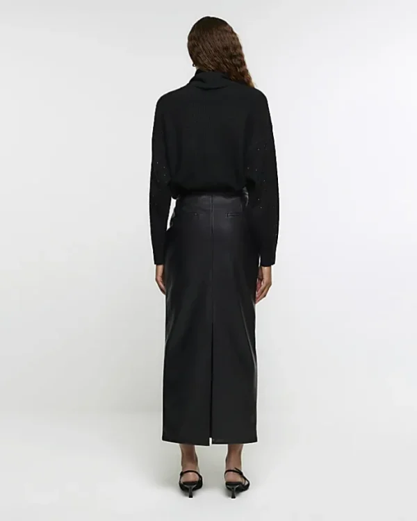 Black faux leather tailored midi skirt