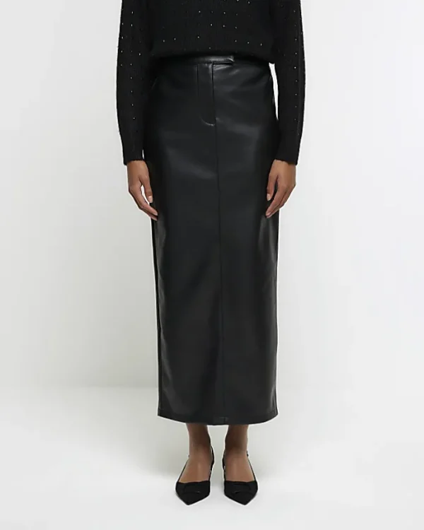 Black faux leather tailored midi skirt