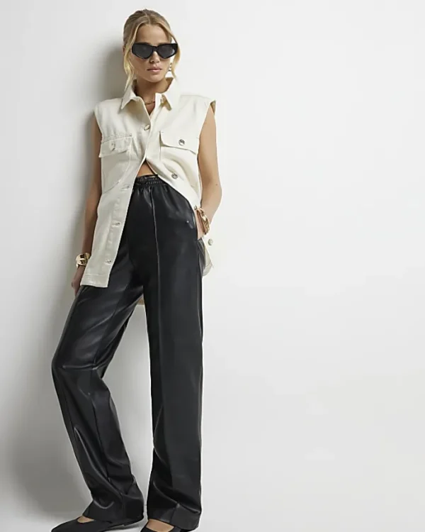 Black faux leather wide leg trousers