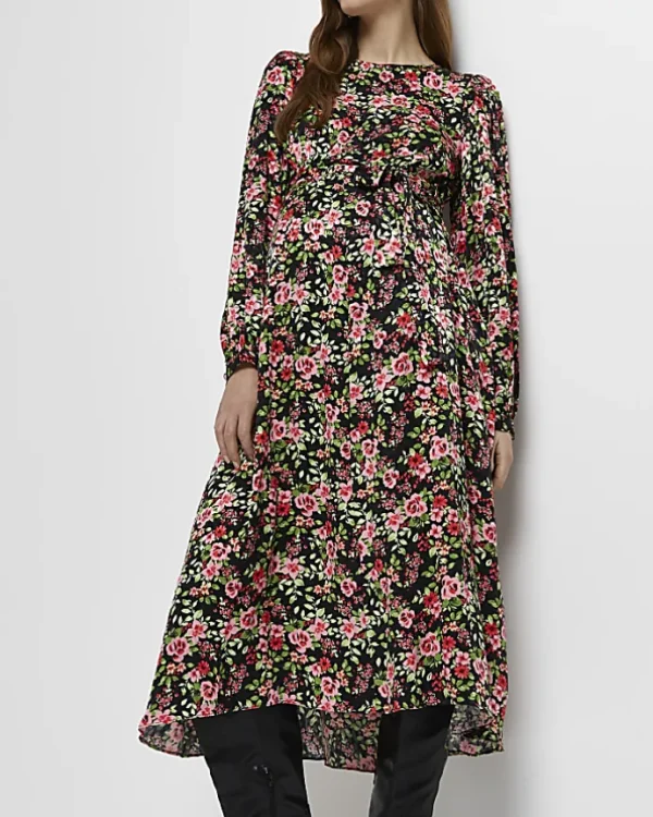 Black floral maternity midi dress