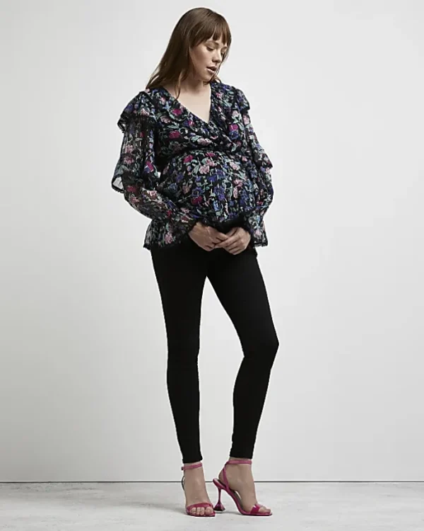 Black floral print maternity blouse