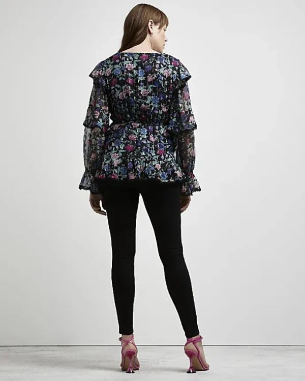 Black floral print maternity blouse