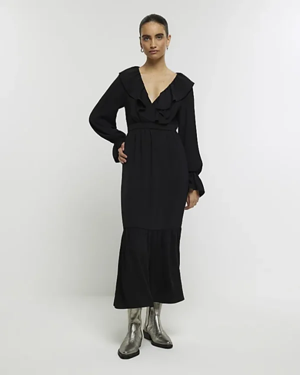 Black frill swing maxi dress