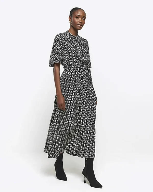 Black geometric belted midi shirt dress