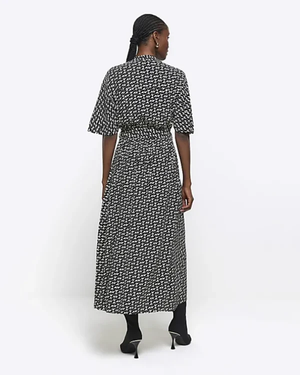 Black geometric belted midi shirt dress