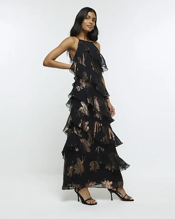 Black glitter frill maxi dress