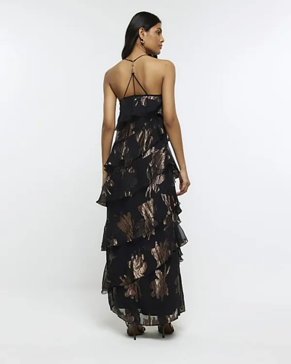 Black glitter frill maxi dress