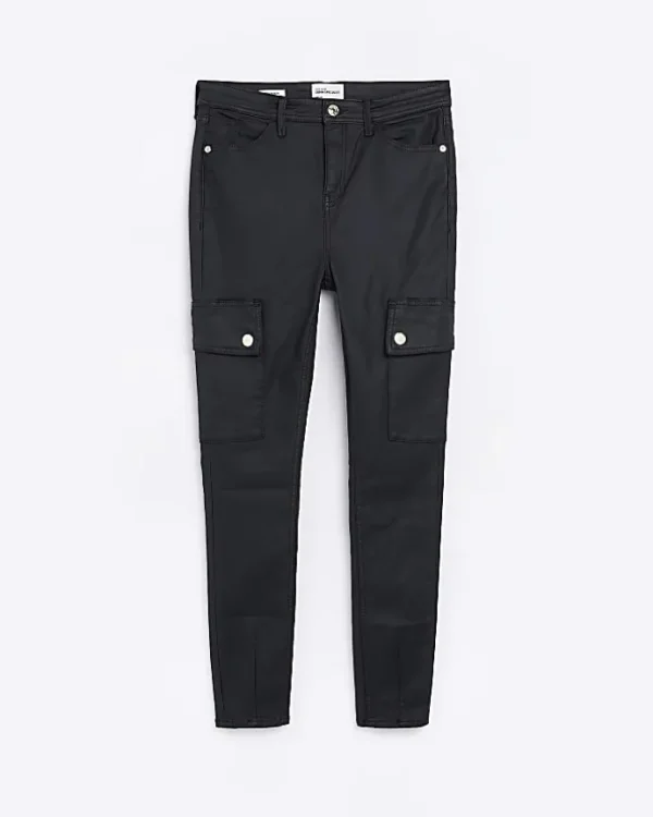 Black high waisted coated cargo skinny jeans