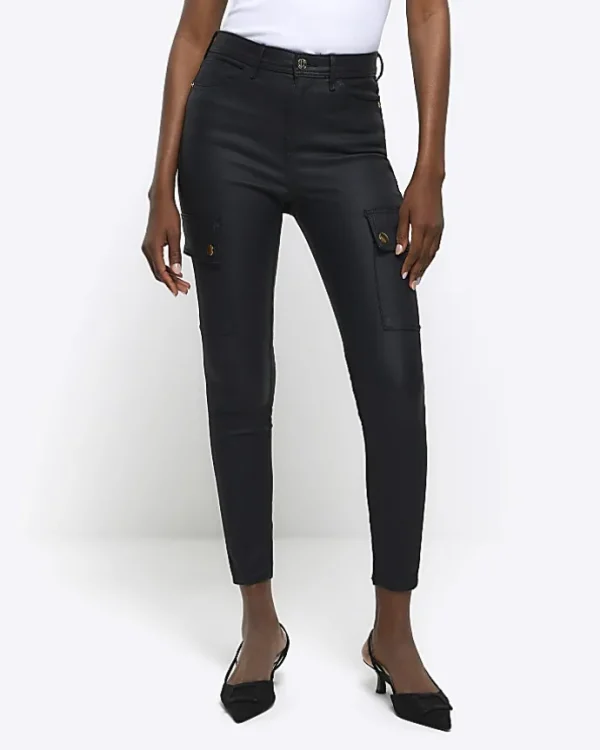 Black high waisted coated cargo skinny jeans