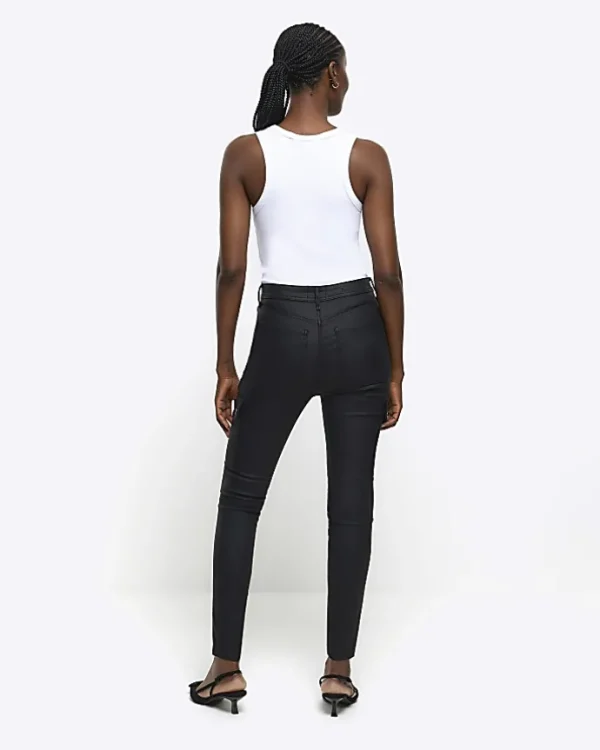 Black high waisted coated cargo skinny jeans