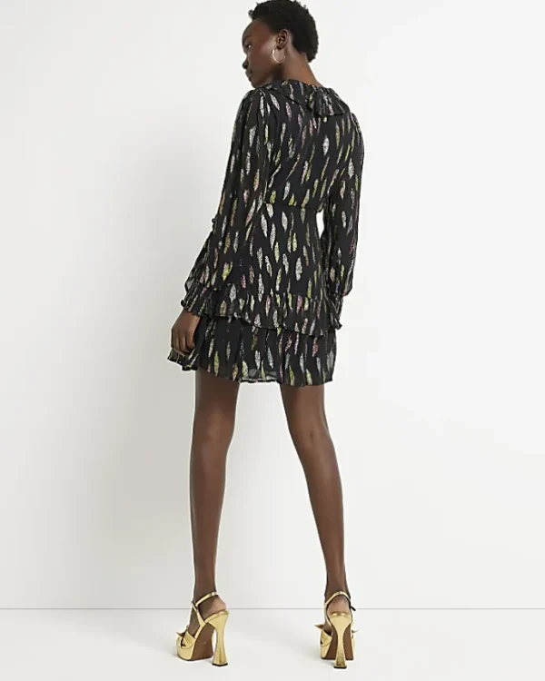 Black jacquard printed wrap mini dress