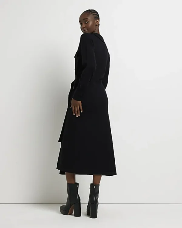 Black knit belted jumper midi dress