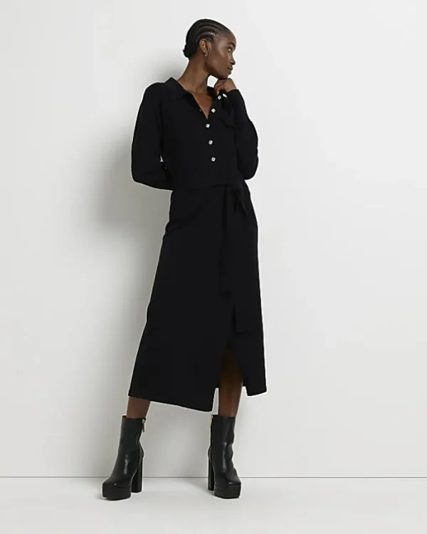 Black knit belted jumper midi dress