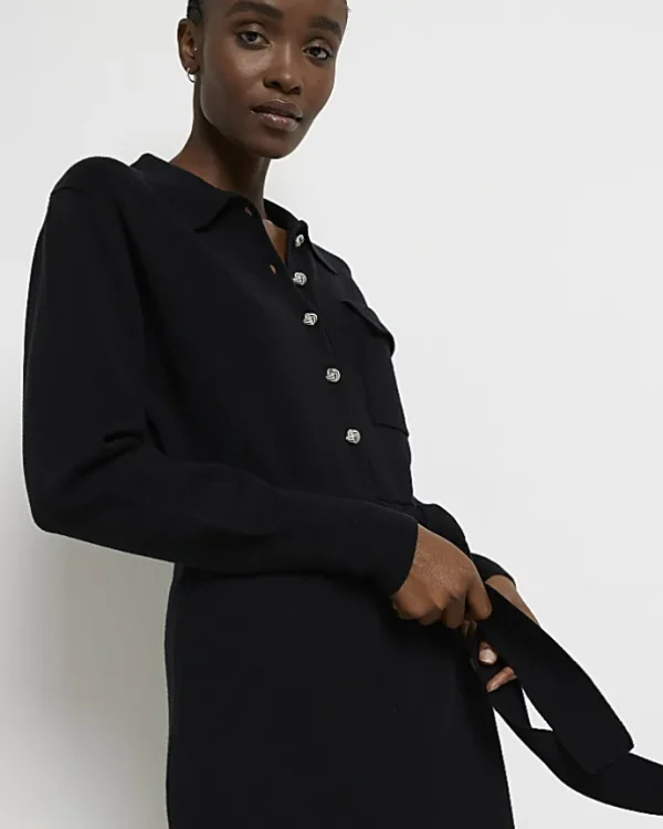 Black knit belted jumper midi dress