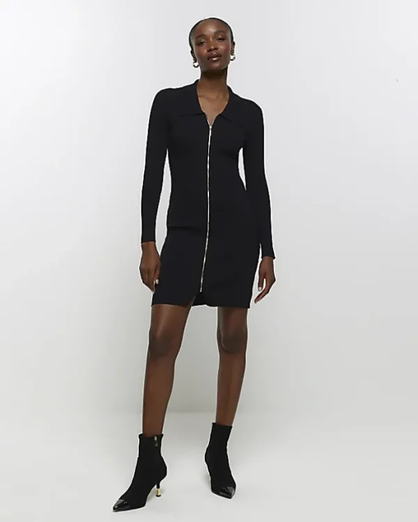 Black knit zip bodycon mini dress