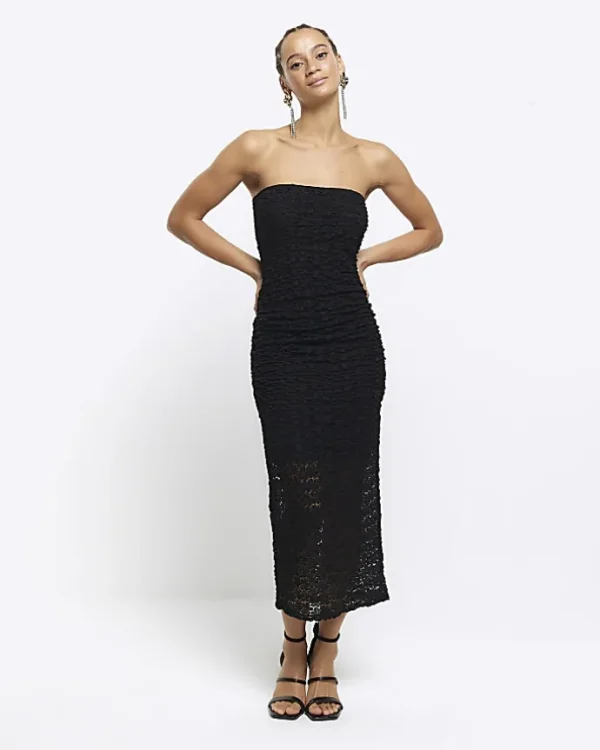 Black lace bandeau bodycon midi dress