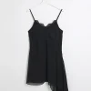 Black lace trim asymmetric slip mini dress