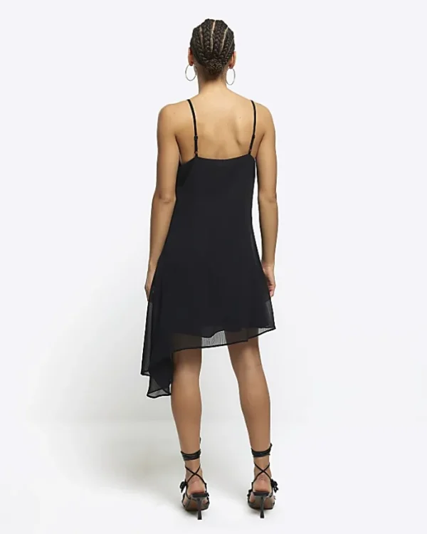 Black lace trim asymmetric slip mini dress