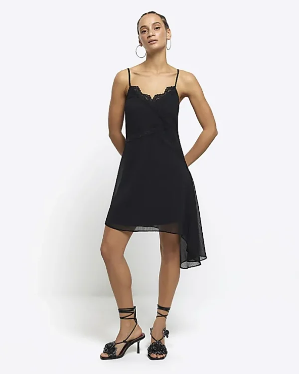 Black lace trim asymmetric slip mini dress