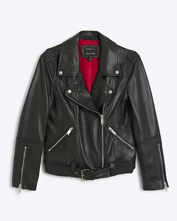 Black leather oversized biker jacket