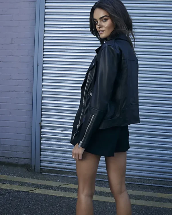 Black leather oversized biker jacket