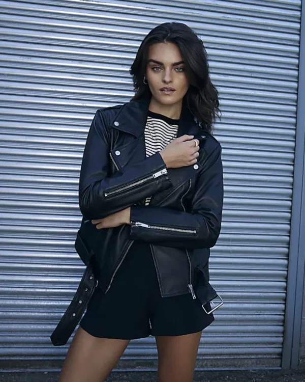 Black leather oversized biker jacket