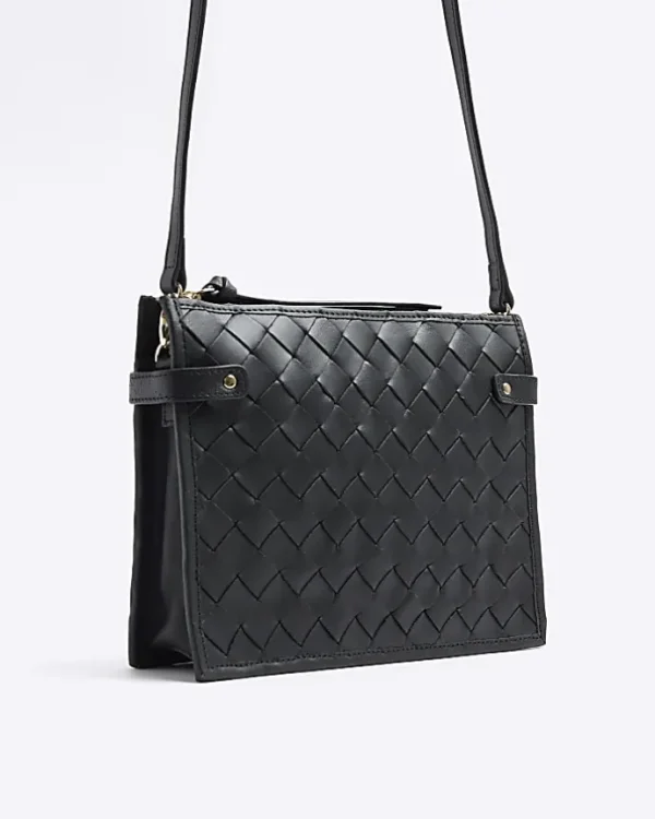 Black leather weave cross body bag