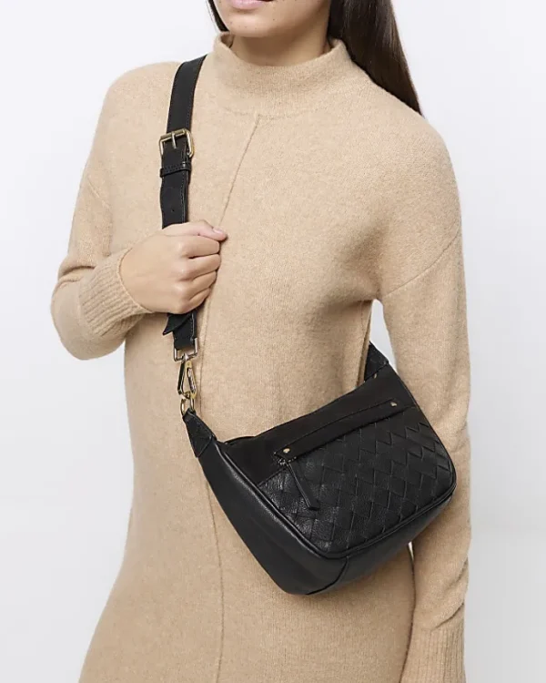 Black leather weave cross body bag