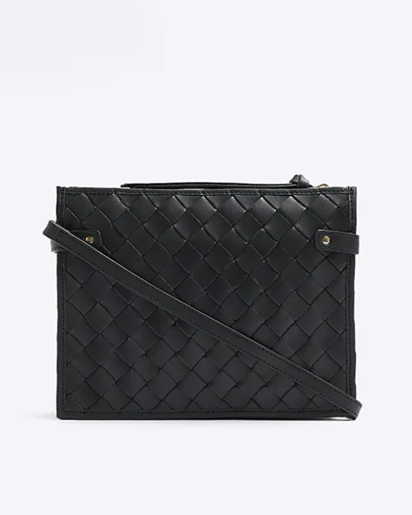 Black leather weave cross body bag